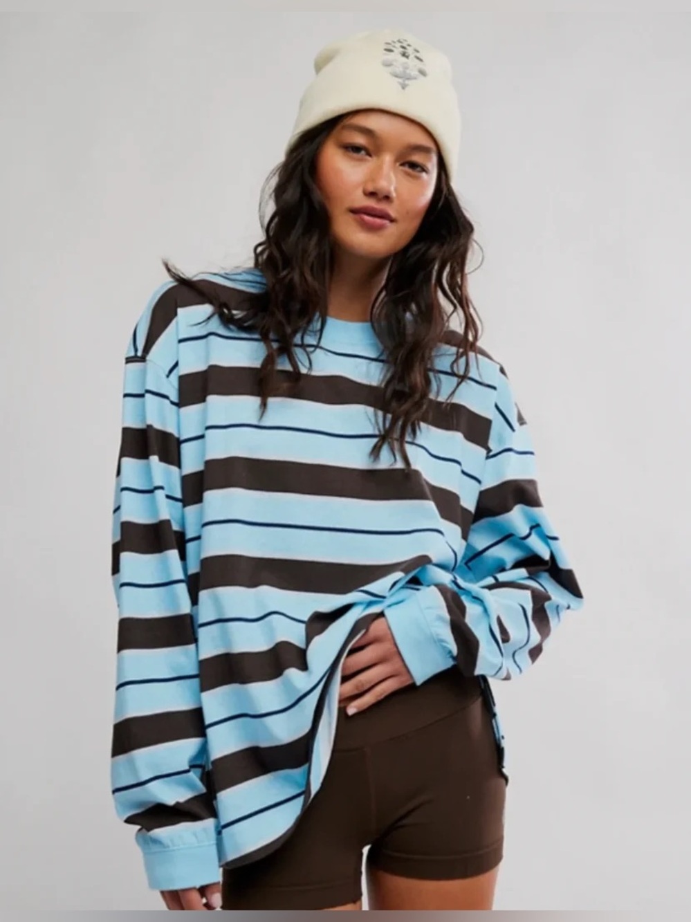 Free People FP Movement Hustle Layer Blue Brown Stripe Outdoor Casual Large